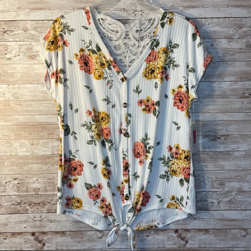 Brand New Floral Crochet Back Tie Front Blouse
